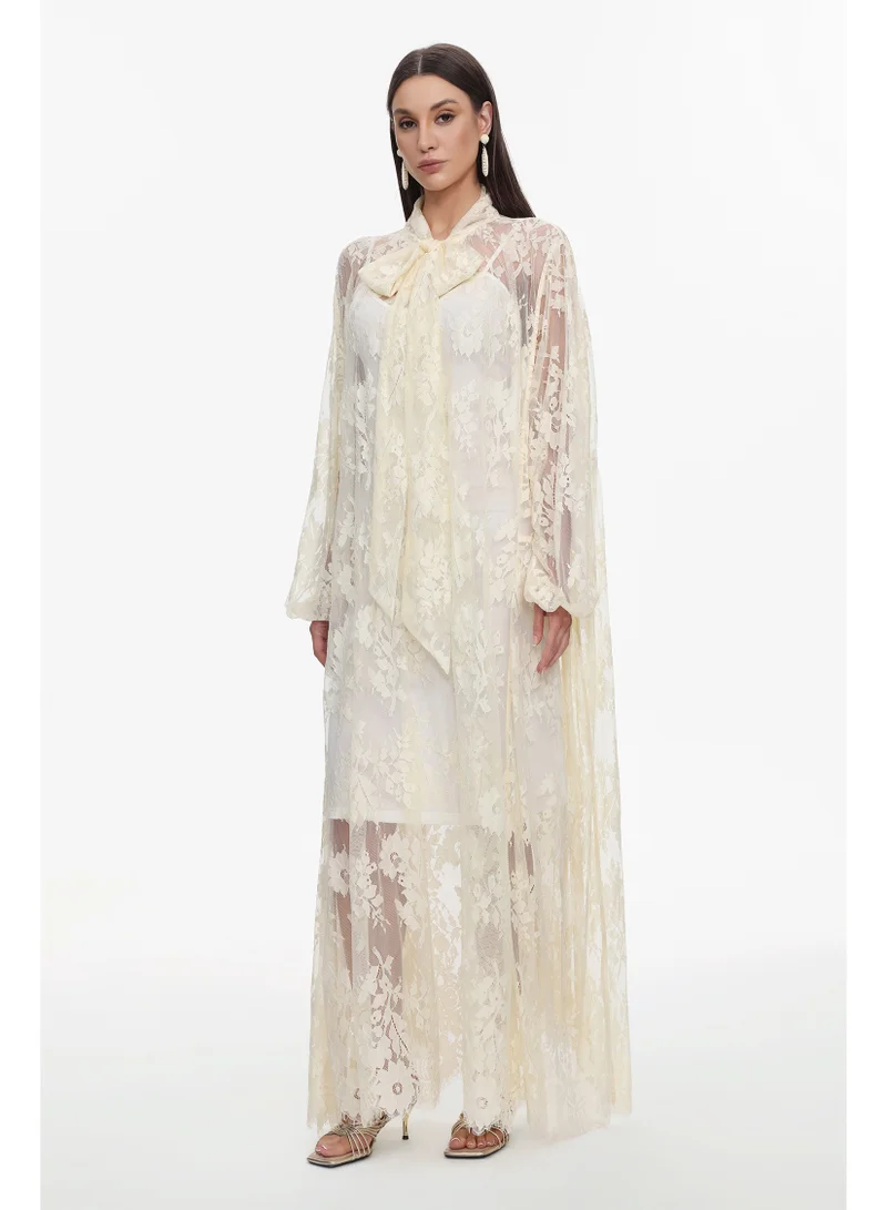 Bella Barnett Deliyn Resort Flowy Long Sleeve Embroidered Mesh Lace Yellow Maxi Dress